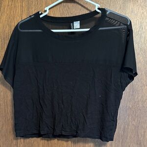 Divided Black Short Sleeve Crop Top with Mesh Yoke